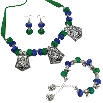JFL-Jewellery for Less Blue & Green Cotton Thread Necklace Earrings Bracelet Set with Oxidised Silver Ganesha Pendants & Jhumka – Handmade Jewellery for Women & Girls – Navratri, Garba