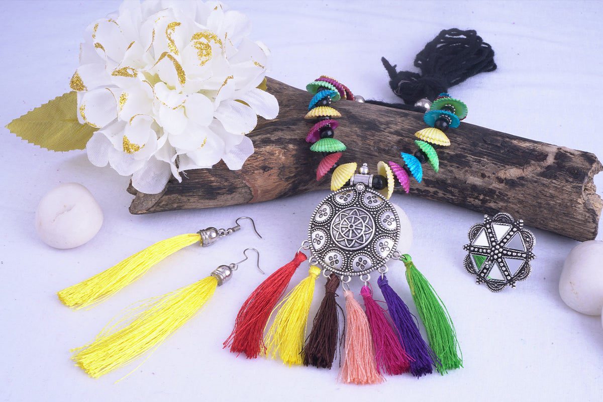 JFL - Jewellery for Less Combo Traditional Fancy Oxidised Silver Plated Multi Colour Tassel and Mussels Shell Necklace Set with Mirror Work Adjustable Finger Ring Women & Girls.(Navratri Special)