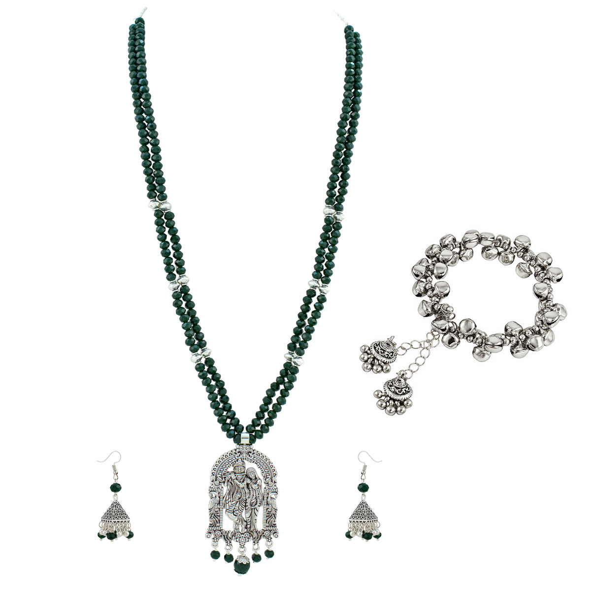 JFL - Jewellery for Less Oxidized German Silver Radha Krishna Pendant Necklace Set and Jhumka Earrings with Bracelet for Women | Dark Green Beaded Traditional Ethnic Jewellery Set | Navratri Festive