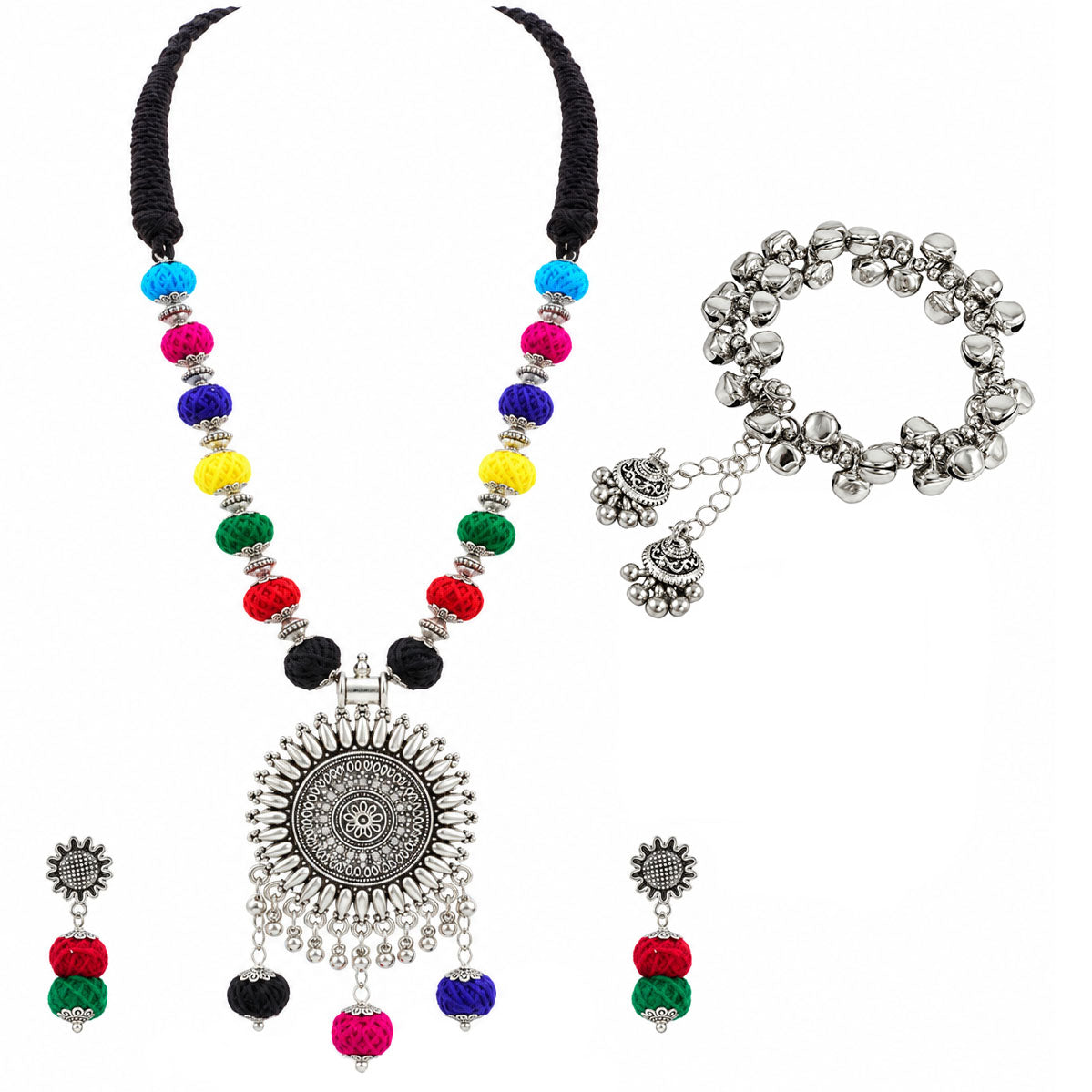 JFL - Jewellery for Less Oxidized German Silver Sun Pendant Multicolor Thread Beads Necklace and Earrings with Bracelet Set for Women | Handmade Cotton Thread Jewellery with Adjustable Black Dori | Navratri Special Tribal Jewellery