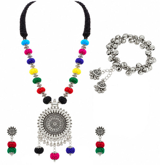 JFL - Jewellery for Less Oxidized German Silver Sun Pendant Multicolor Thread Beads Necklace and Earrings with Bracelet Set for Women | Handmade Cotton Thread Jewellery with Adjustable Black Dori | Navratri Special Tribal Jewellery