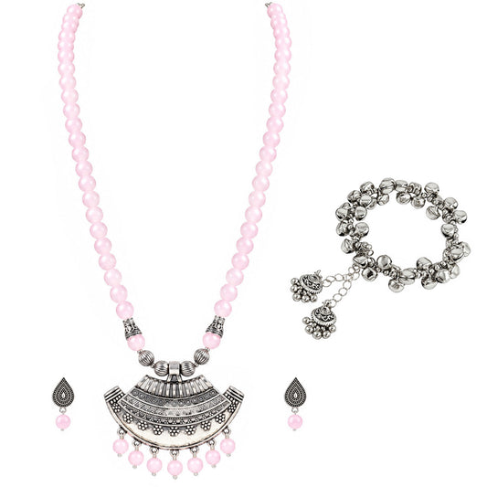 Oxidized German Silver Half Moon Pendant Necklace with Baby Pink Beads and Matching Earrings & Bracelet – Navratri Special Traditional Jewellery Set for Women