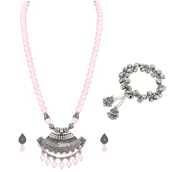 Oxidized German Silver Half Moon Pendant Necklace with Baby Pink Beads and Matching Earrings & Bracelet – Navratri Special Traditional Jewellery Set for Women