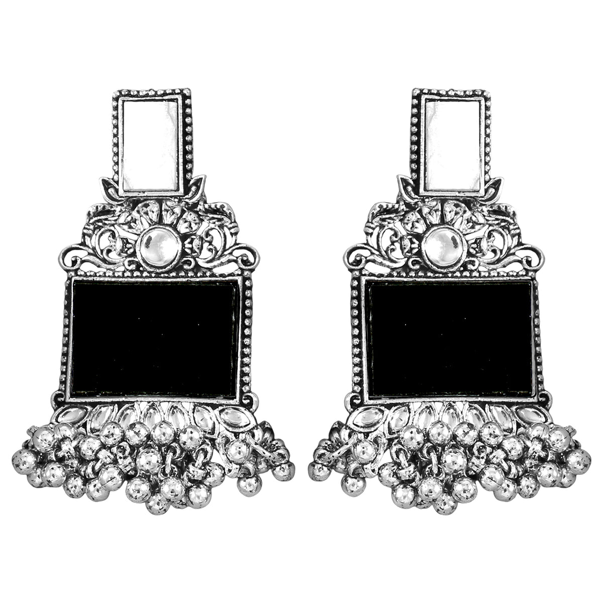JFL - Jewellery for Less Navratri Special Combo of Oxidised Acrylic Mother of Pearl and Kundan Studded Statement Earrings with Ghungroo Bracelet for Women & Girls. (Black)