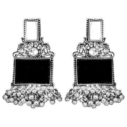 JFL - Jewellery for Less Navratri Special Combo of Oxidised Acrylic Mother of Pearl and Kundan Studded Statement Earrings with Ghungroo Bracelet for Women & Girls. (Black)