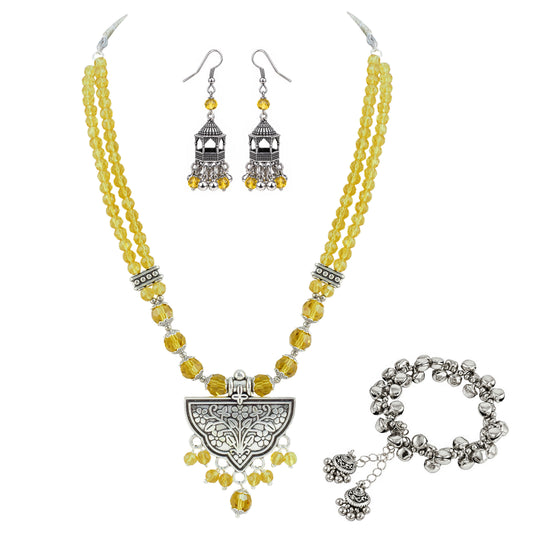 JFL - Jewellery for Less Navratri Yellow Faceted Crystal Beads Necklace Earring with Bracelet Set for Women | Oxidized German Silver Jewellery | Traditional Ethnic Set for Festive & Wedding