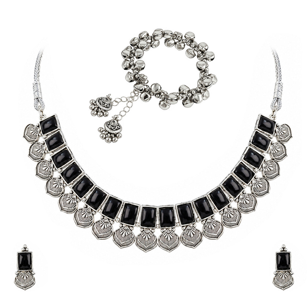 Oxidized Silver Black Stone Choker Necklace and Earrings with Bracelet Set – Navratri Special Traditional Antique Jewellery Set for Women & Girls