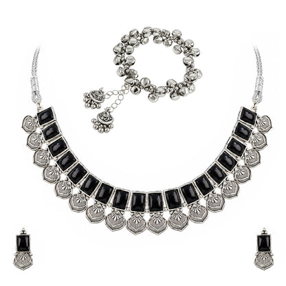 Oxidized Silver Black Stone Choker Necklace and Earrings with Bracelet Set – Navratri Special Traditional Antique Jewellery Set for Women & Girls
