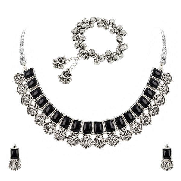 Oxidized Silver Black Stone Choker Necklace and Earrings with Bracelet Set – Navratri Special Traditional Antique Jewellery Set for Women & Girls