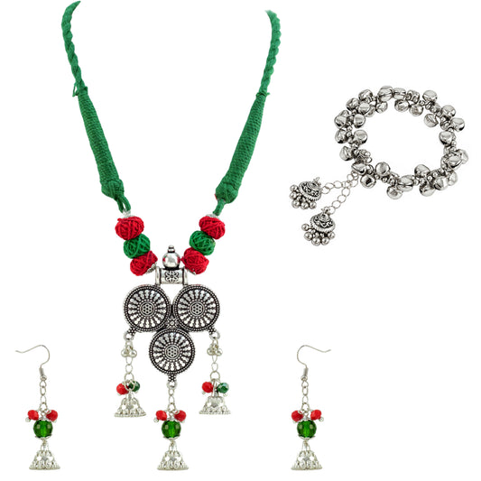 JFL - Jewellery for Less Oxidized Silver Afghani Necklace Set with Red & Green Thread Beads – Tribal Boho Jhumka Earrings with Bracelet – Navratri Traditional Jewellery for Women & Girls