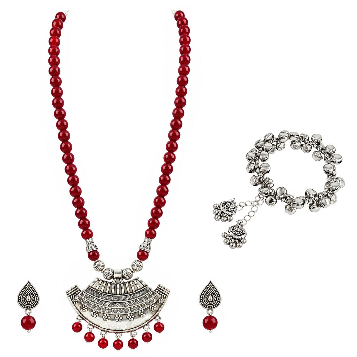 Oxidized German Silver Half Moon Pendant Necklace with Maroon Beads and Matching Earrings & Bracelet – Navratri Special Traditional Jewellery Set for Women