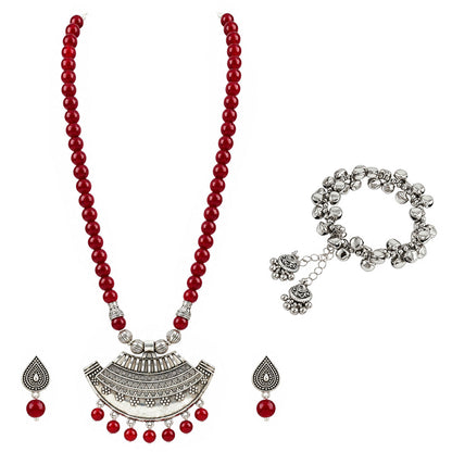 Oxidized German Silver Half Moon Pendant Necklace with Maroon Beads and Matching Earrings & Bracelet – Navratri Special Traditional Jewellery Set for Women