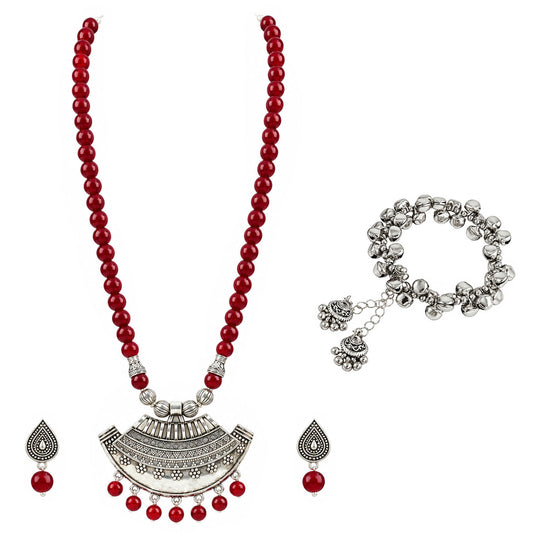 Oxidized German Silver Half Moon Pendant Necklace with Maroon Beads and Matching Earrings & Bracelet – Navratri Special Traditional Jewellery Set for Women