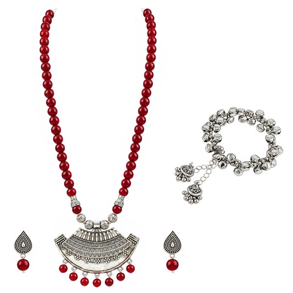 Oxidized German Silver Half Moon Pendant Necklace with Maroon Beads and Matching Earrings & Bracelet – Navratri Special Traditional Jewellery Set for Women
