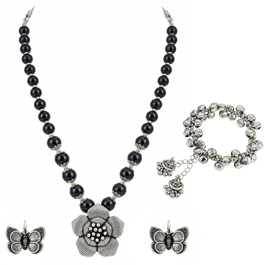 JFL - Jewellery for Less Oxidized Silver Flower Pendant Black Beads Necklace and Butterfly Earrings with Bracelet Set for Women & Girls | Navratri Special Traditional Jewellery Set