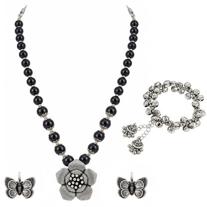 JFL - Jewellery for Less Oxidized Silver Flower Pendant Black Beads Necklace and Butterfly Earrings with Bracelet Set for Women & Girls | Navratri Special Traditional Jewellery Set