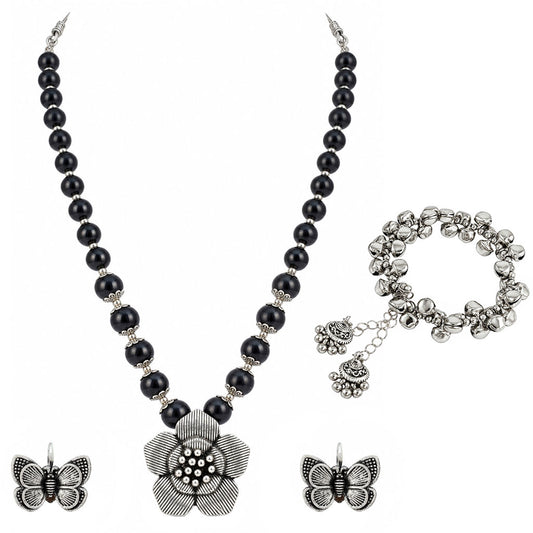 JFL - Jewellery for Less Oxidized Silver Flower Pendant Black Beads Necklace and Butterfly Earrings with Bracelet Set for Women & Girls | Navratri Special Traditional Jewellery Set