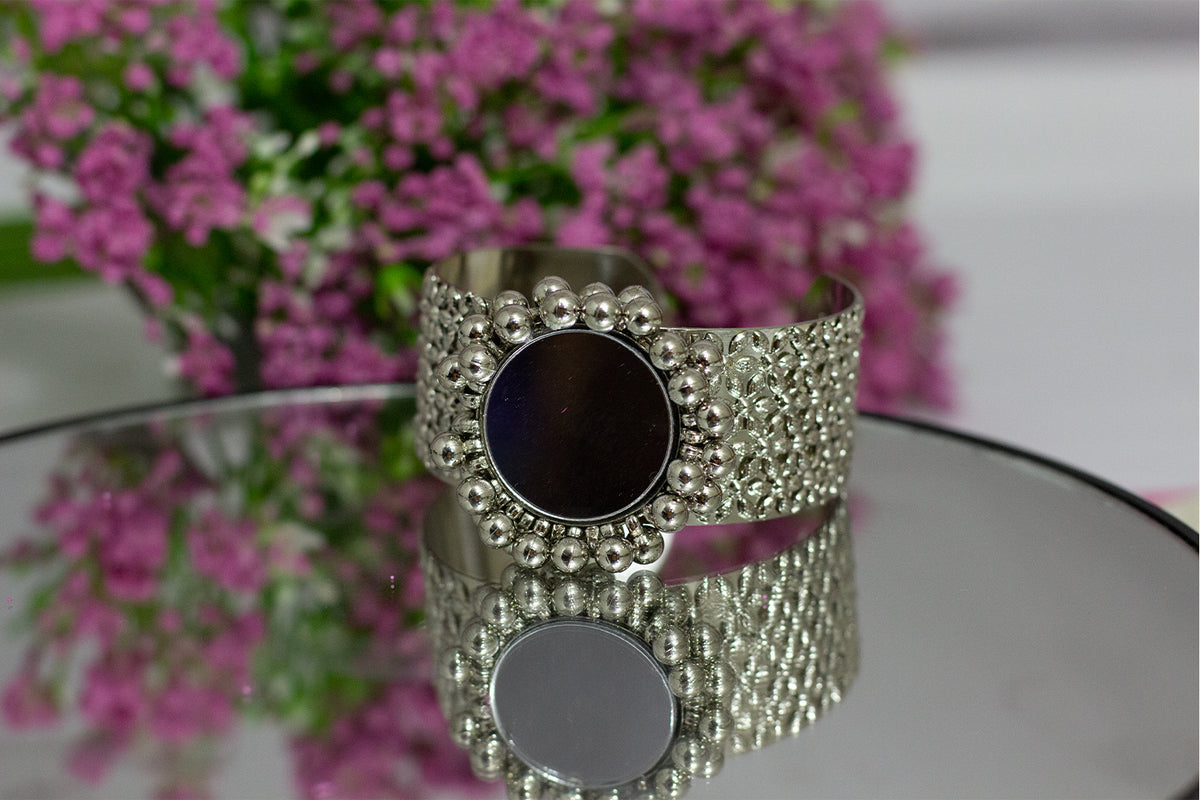 JFL - Jewellery for Less Stylish Silver Plated Mirror Work Adjustable Kada for Women And Girls.(Navratri Special)