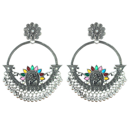JFL - Jewellery for Less Oxidised Silver-Plated Earrings & Finger Ring Combo – Multicolor Stone Ethnic Jewellery Set with Floral & Radial Motifs – Navratri for Women & Girls