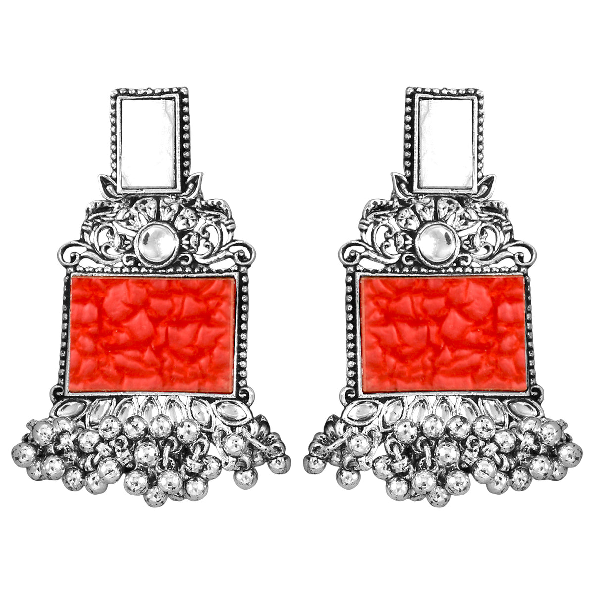 FL - Jewellery for Less Navratri Special Combo of Oxidised Acrylic Mother of Pearl and Kundan Studded Statement Earrings with Ghungroo Bracelet for Women & Girls. (Bold Red)