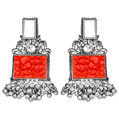 FL - Jewellery for Less Navratri Special Combo of Oxidised Acrylic Mother of Pearl and Kundan Studded Statement Earrings with Ghungroo Bracelet for Women & Girls. (Bold Red)