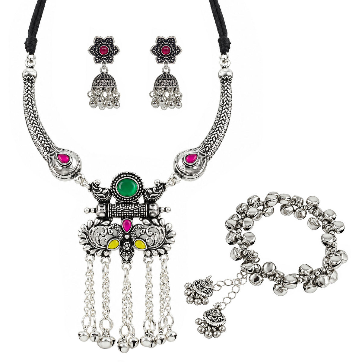 JFL - Jewellery for Less Oxidized German Silver Long Necklace Set with Earrings and Bracelet – Multicolor Stone Tassel Pendant Jewellery Set for Women & Girls, Traditional Ethnic Combo