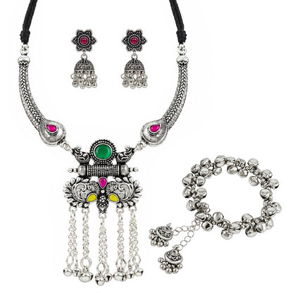 JFL - Jewellery for Less Oxidized German Silver Long Necklace Set with Earrings and Bracelet – Multicolor Stone Tassel Pendant Jewellery Set for Women & Girls, Traditional Ethnic Combo