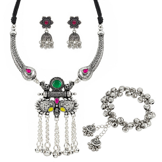 JFL - Jewellery for Less Oxidized German Silver Long Necklace Set with Earrings and Bracelet – Multicolor Stone Tassel Pendant Jewellery Set for Women & Girls, Traditional Ethnic Combo