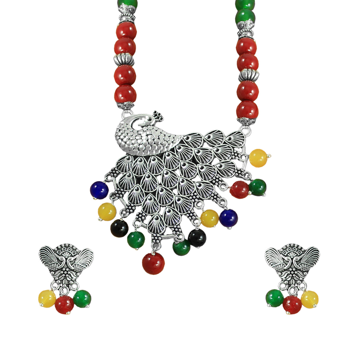JFL – Jewellery for Less Oxidised Silver Peacock Pendant Jewelry Set for Women | Maroon Green Black Beaded Necklace, Earrings | Ethnic Navratri, Garba