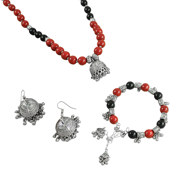 JFL – Jewellery for Less Maroon & Black Beaded Necklace with Oxidised Silver Floral Jhumka Pendant, Matching Jhumka Earrings – Traditional Jewellery for Women & Girls – Navratri, Garba