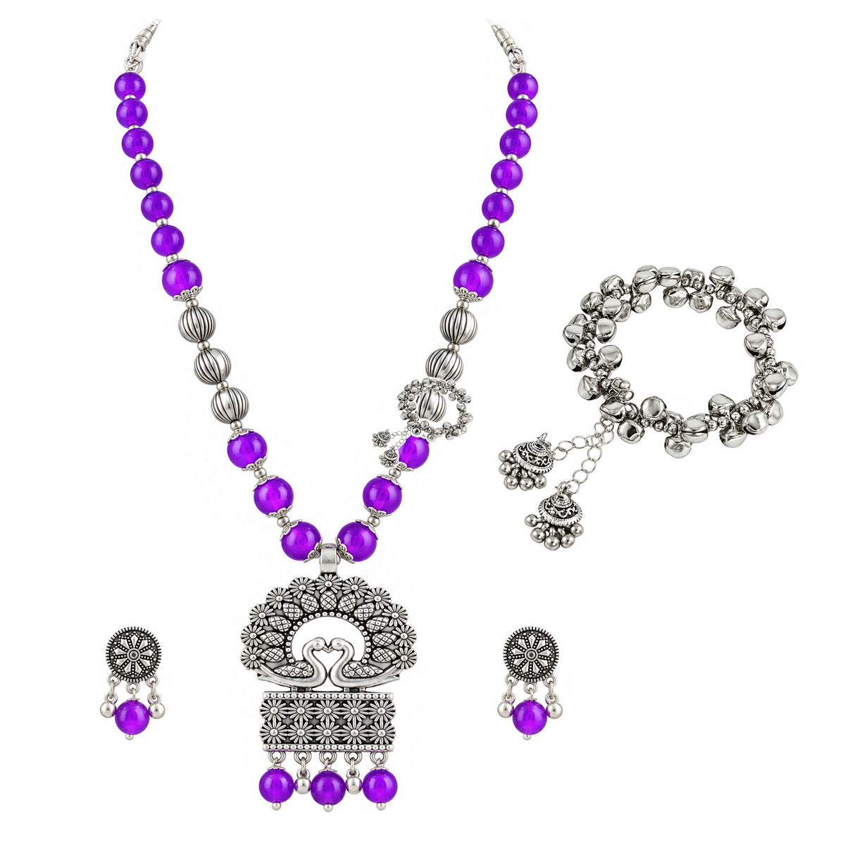 JFL - Jewellery for Less Oxidized German Silver Purple Beads Peacock Pendant Necklace and Earrings with Bracelet Set for Women | Antique Silver Floral Design Jewellery Set | Navratri Special Traditional Jewellery