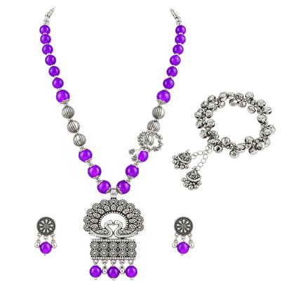 JFL - Jewellery for Less Oxidized German Silver Purple Beads Peacock Pendant Necklace and Earrings with Bracelet Set for Women | Antique Silver Floral Design Jewellery Set | Navratri Special Traditional Jewellery