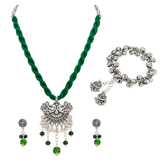 JFL - Jewellery for Less Oxidized Silver Peacock Pendant Green Thread Necklace Earrings with Bracelet Set – Green Bead Dangle Jewellery Set for Women & Girls