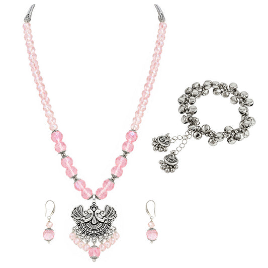 JFL - Jewellery for Less Oxidized German Silver Twin Peacock Pendant Pink Crystal Beads Necklace and Earrings with Bracelet Set for Women | Antique Silver Design Jewellery Set | Navratri Special Traditional Jewellery