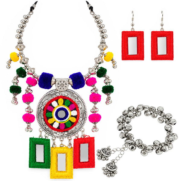 Oxidized Silver-Tone Mirror Work Necklace with Earrings , Bracelet Set for Women | Multicolor Thread & Pom-Pom Rajasthani Tribal Jewellery Set | Navratri Garba Special Ethnic Necklace Set