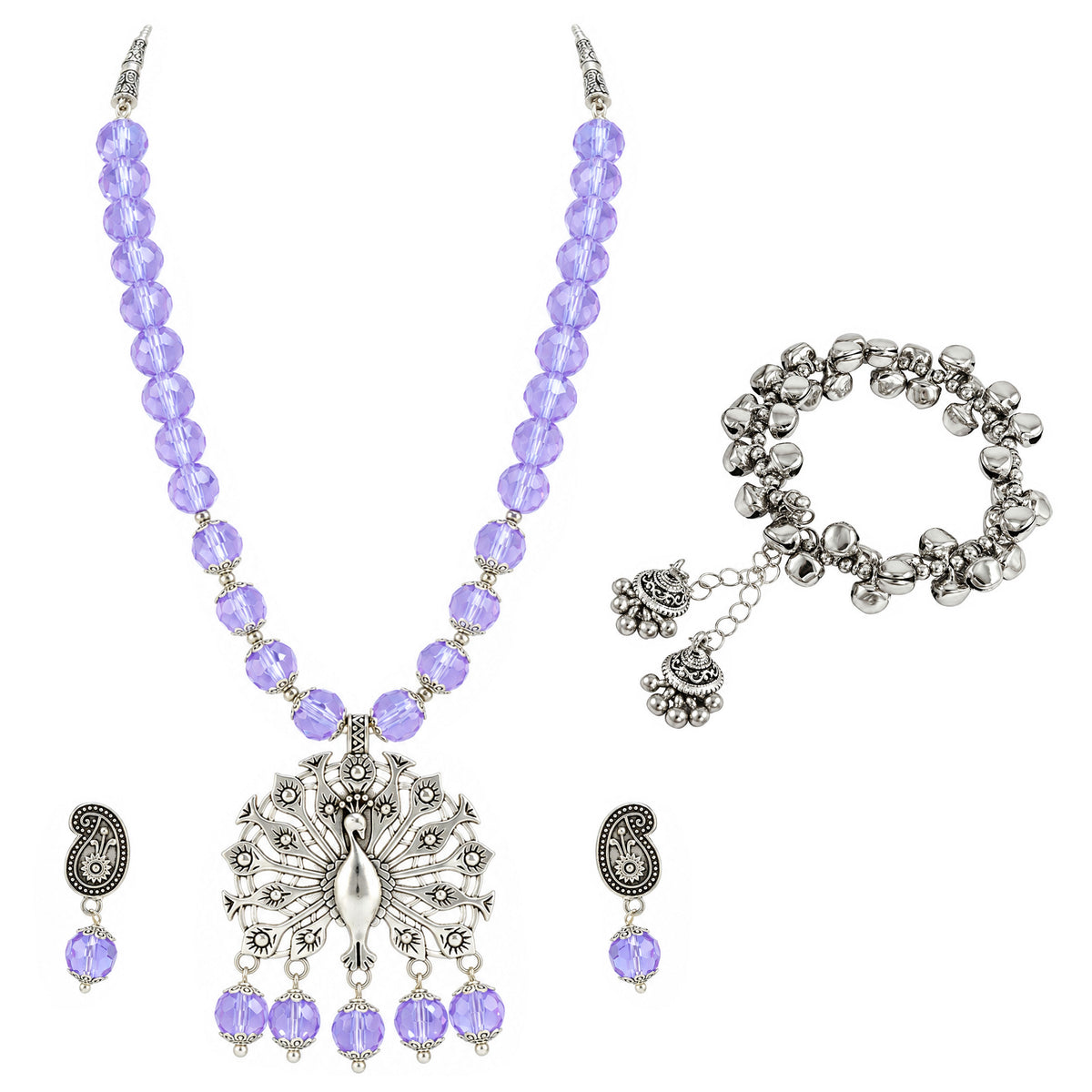 JFL - Jewellery for Less Oxidized German Silver Peacock Pendant Purple Crystal Beads Necklace and Earrings with Bracelet Set for Women | Antique Silver Design Jewellery Set | Navratri Special Traditional Jewellery