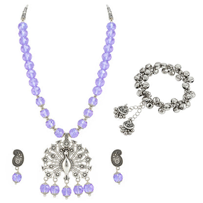 JFL - Jewellery for Less Oxidized German Silver Peacock Pendant Purple Crystal Beads Necklace and Earrings with Bracelet Set for Women | Antique Silver Design Jewellery Set | Navratri Special Traditional Jewellery