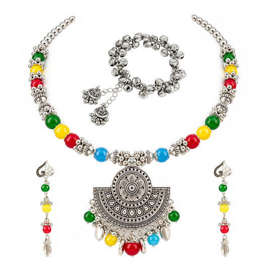 Oxidized German Silver Multicolor Beaded Necklace, Bracelet & Earrings Set – Floral Pendant Ethnic Wire Collar Jewellery Set for Women, Navratri Special