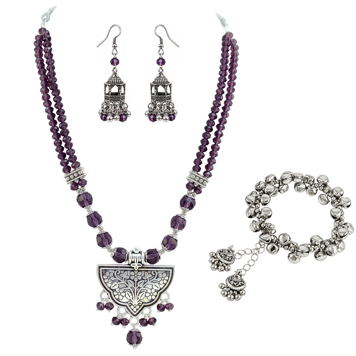 JFL - Jewellery for Less Navratri Wine Crystal Beaded Necklace Earring with Bracelet Set for Women | Oxidized German Silver Floral Pendant | Traditional Ethnic Jewellery for Festive & Wedding