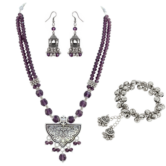 JFL - Jewellery for Less Navratri Wine Crystal Beaded Necklace Earring with Bracelet Set for Women | Oxidized German Silver Floral Pendant | Traditional Ethnic Jewellery for Festive & Wedding