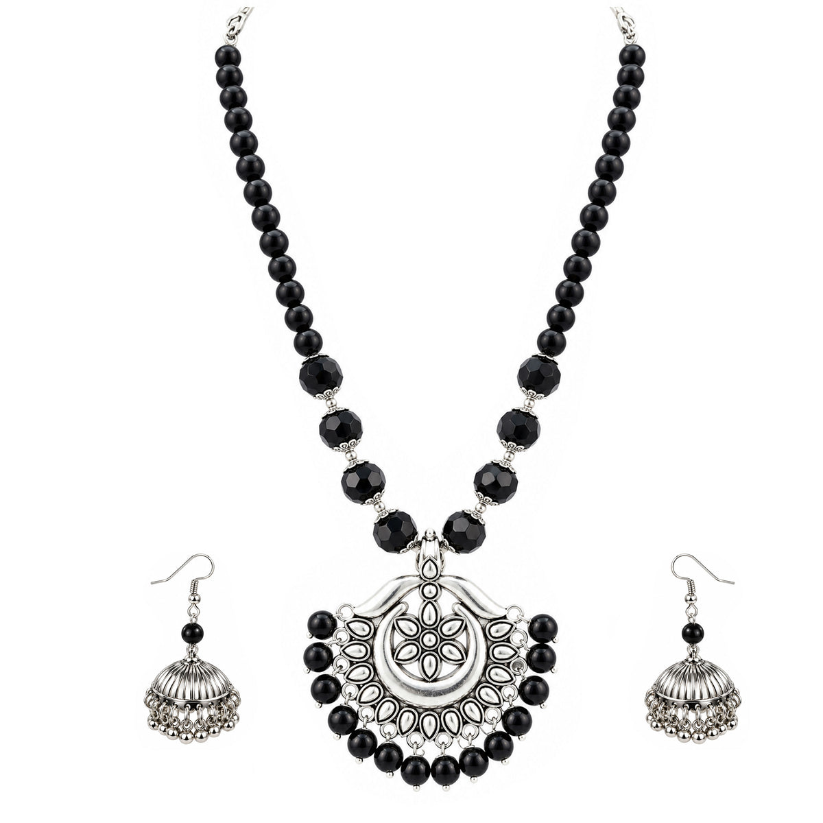 JFL - Jewellery for Less Oxidized German Silver Black Beads Pendant Necklace and Earrings with Bracelet Set for Women | Antique Silver Floral Design Jewellery Set | Navratri Special Traditional Jewellery