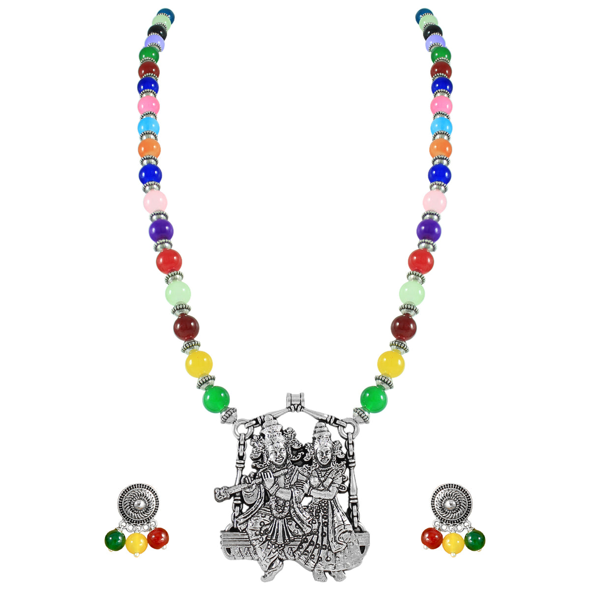 JFL – Jewellery for Less Multicolor Beaded Oxidised Silver Temple Jewelry Set for Women | Radha Krishna Pendant Necklace with Earrings | Ethnic Festive Navratri,Garba