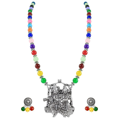 JFL – Jewellery for Less Multicolor Beaded Oxidised Silver Temple Jewelry Set for Women | Radha Krishna Pendant Necklace with Earrings | Ethnic Festive Navratri,Garba