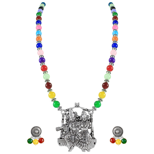 JFL – Jewellery for Less Multicolor Beaded Oxidised Silver Temple Jewelry Set for Women | Radha Krishna Pendant Necklace with Earrings | Ethnic Festive Navratri,Garba