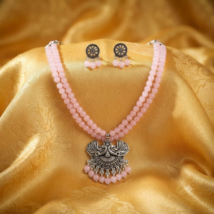 JFL - Jewellery for Less Oxidized German Silver Pink Beads Double Strand Peacock Pendant Necklace with Earrings Set for Women | Antique Silver Design Jewellery Set | Navratri Special Traditional Jewellery
