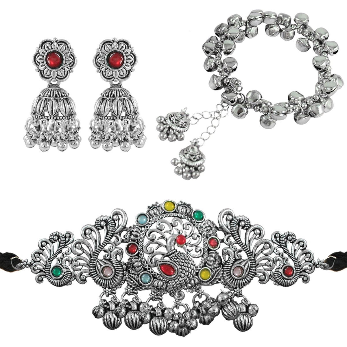 JFL - Jewellery for Less Ethnic Oxidised Silver Plated Multicolor Stone Peacock Design Choker Necklac Set with Ghungroo Bracelet for Women & Girls (Navratri Special)