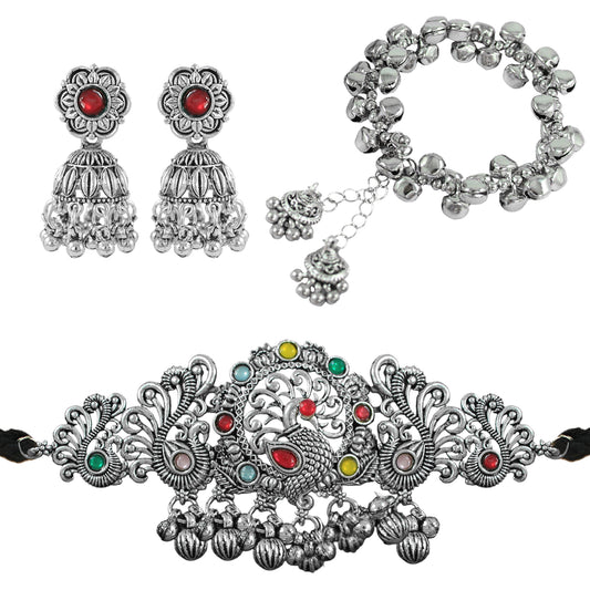 JFL - Jewellery for Less Ethnic Oxidised Silver Plated Multicolor Stone Peacock Design Choker Necklac Set with Ghungroo Bracelet for Women & Girls (Navratri Special)