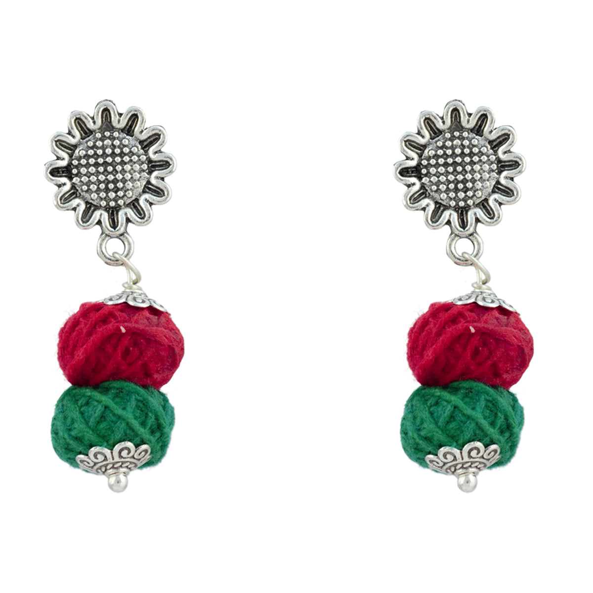 JFL - Jewellery for Less Oxidized German Silver Sun Pendant Multicolor Thread Beads Necklace with Earrings Set for Women | Handmade Cotton Thread Jewellery with Adjustable Black Dori | Navratri Special Tribal Jewellery
