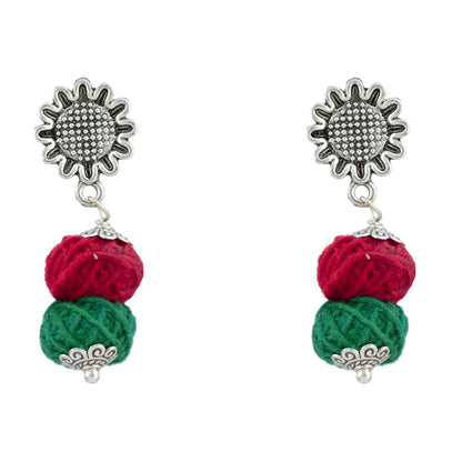 JFL - Jewellery for Less Oxidized German Silver Sun Pendant Multicolor Thread Beads Necklace with Earrings Set for Women | Handmade Cotton Thread Jewellery with Adjustable Black Dori | Navratri Special Tribal Jewellery
