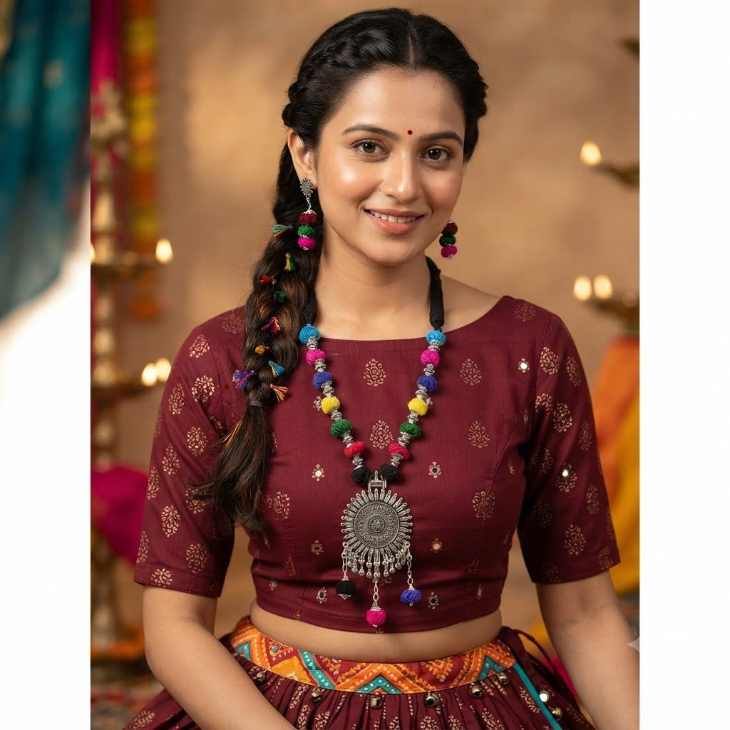 JFL - Jewellery for Less Oxidized German Silver Sun Pendant Multicolor Thread Beads Necklace with Earrings Set for Women | Handmade Cotton Thread Jewellery with Adjustable Black Dori | Navratri Special Tribal Jewellery